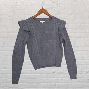Lauren Conrad XS Gray Silver Cable Knit Ruffle Shoulder Sweater